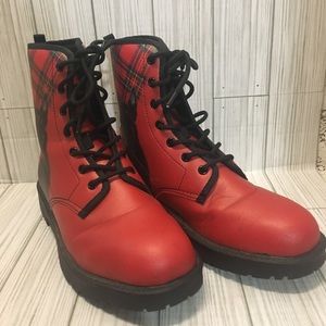 Red Combat Style Boots With A Westie Dog And Plaid On The Heel